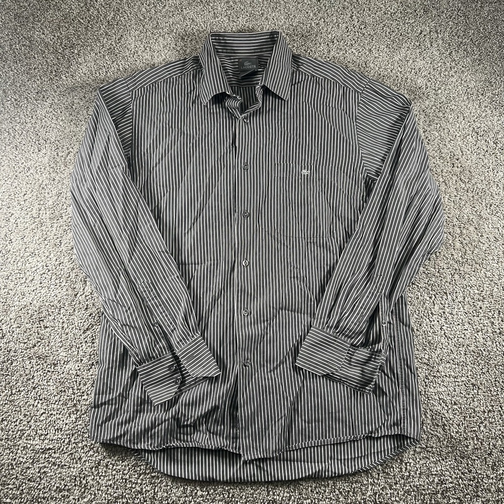 Vintage 90s‎ Lacoste Shirt Mens 42 Large Gray Striped Button Down Classic Logo